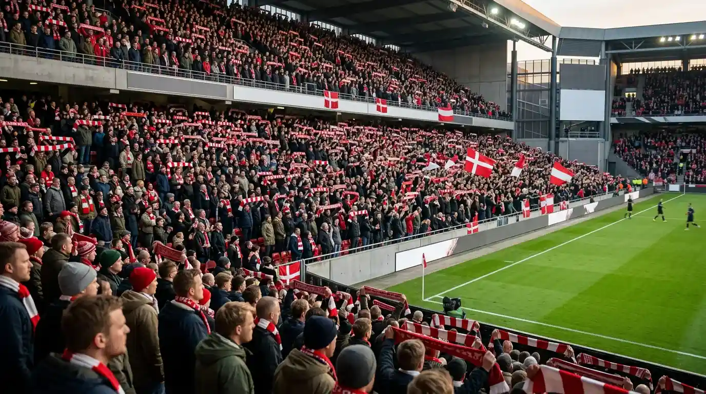 Fyldt tribune på Parken Stadion under en Superliga-kamp — dansk fodbold som baggrund for et reguleret spilmarked