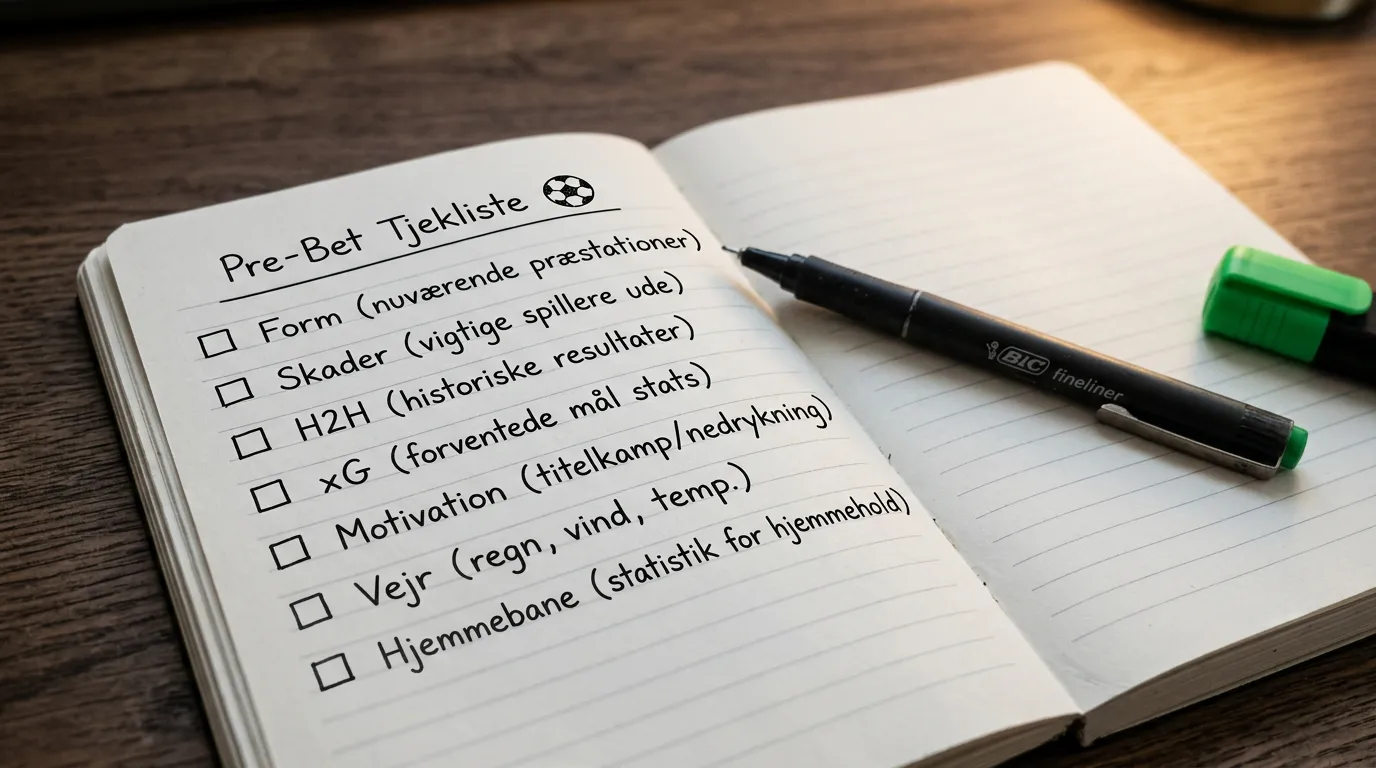 Åben notesbog med håndskreven pre-bet tjekliste for en fodboldkamp: form, skader, xG, motivation, vejr
