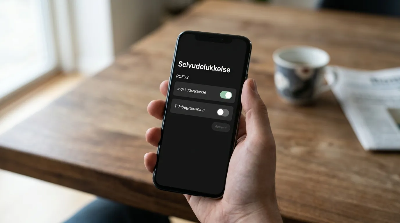 Smartphone viser en ren brugerflade med ROFUS-selvudelukkelse og indskudsgrænse på dansk